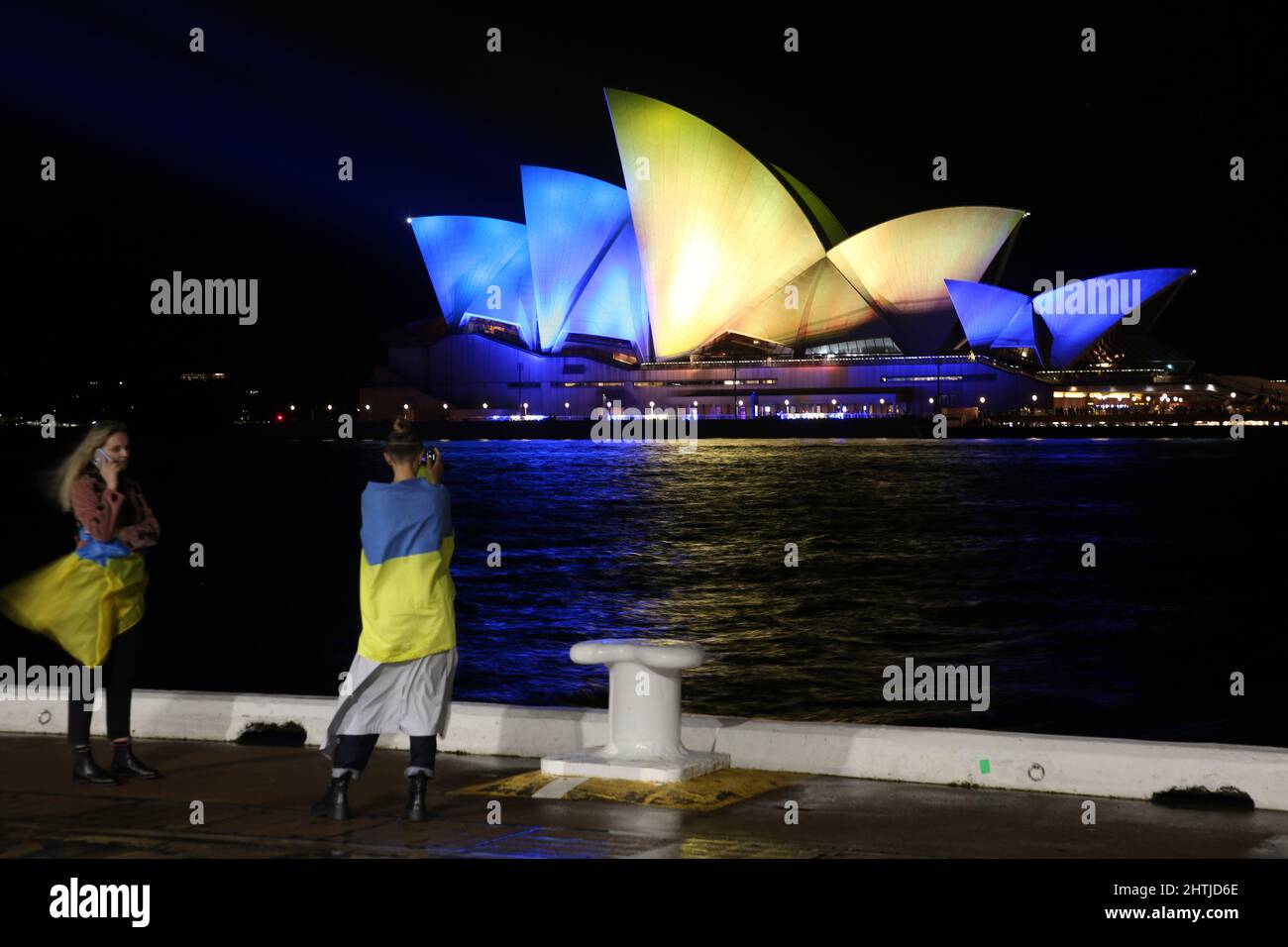 Sydney, Australia. 1st March 2022. Sydney Opera House sails illuminated with the colours of the Ukraine National Flag in solidarity with Ukraine. The sails will be illuminated each evening from Monday 28 February to Saturday 5 March 2022. Credit: Richard Milnes/Alamy Live News Stock Photo