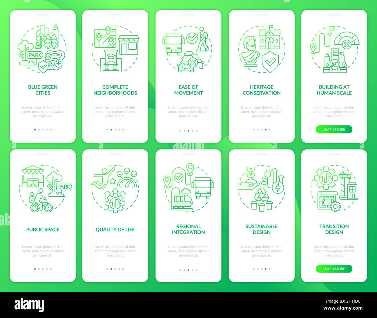 Urban planning green gradient onboarding mobile app screen set Stock Vector