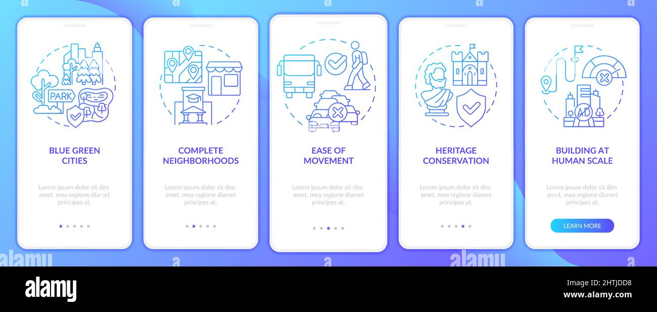 Urban design principles blue gradient onboarding mobile app screen Stock Vector