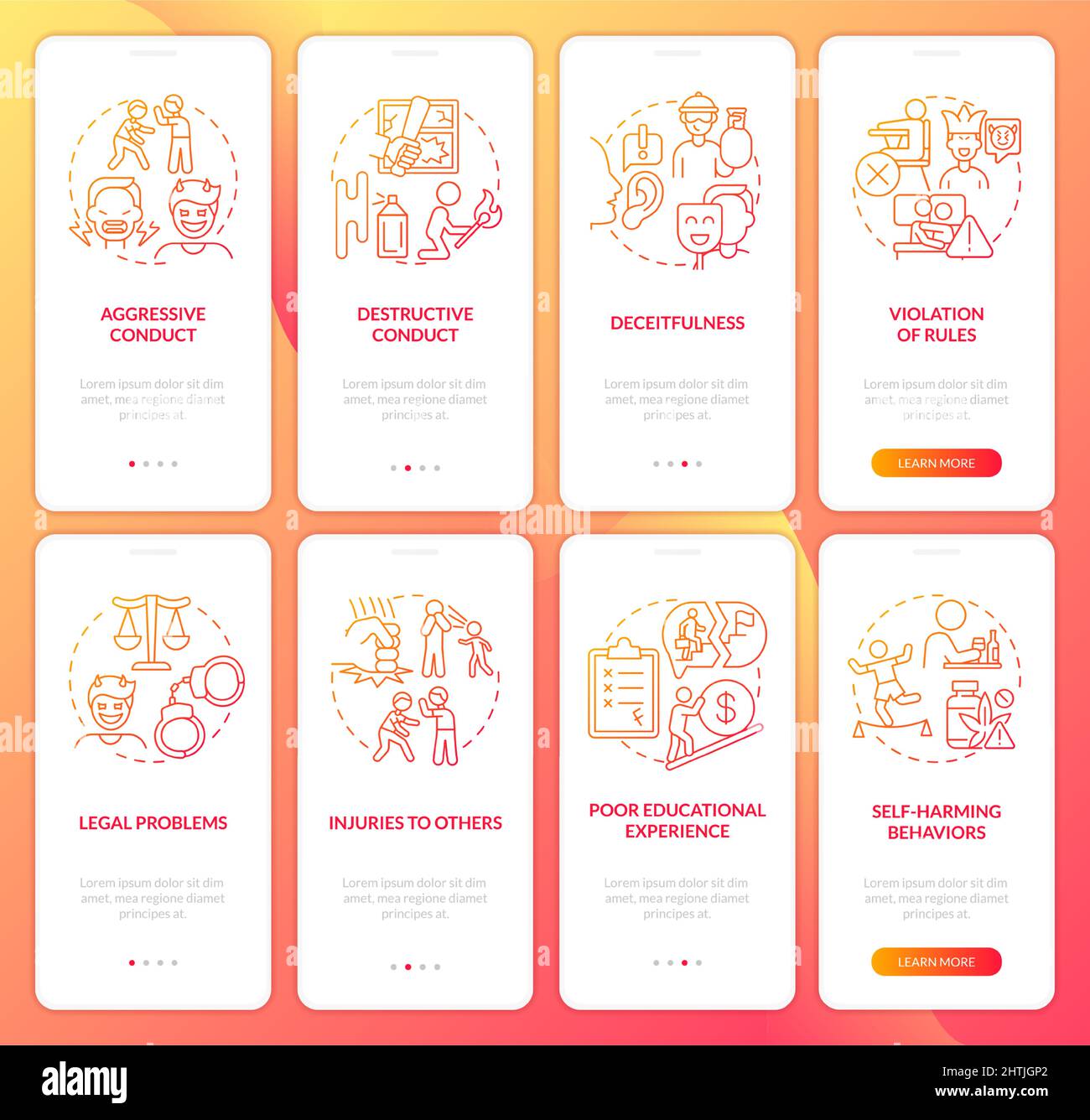 Conduct disorder red gradient onboarding mobile app screen set Stock ...