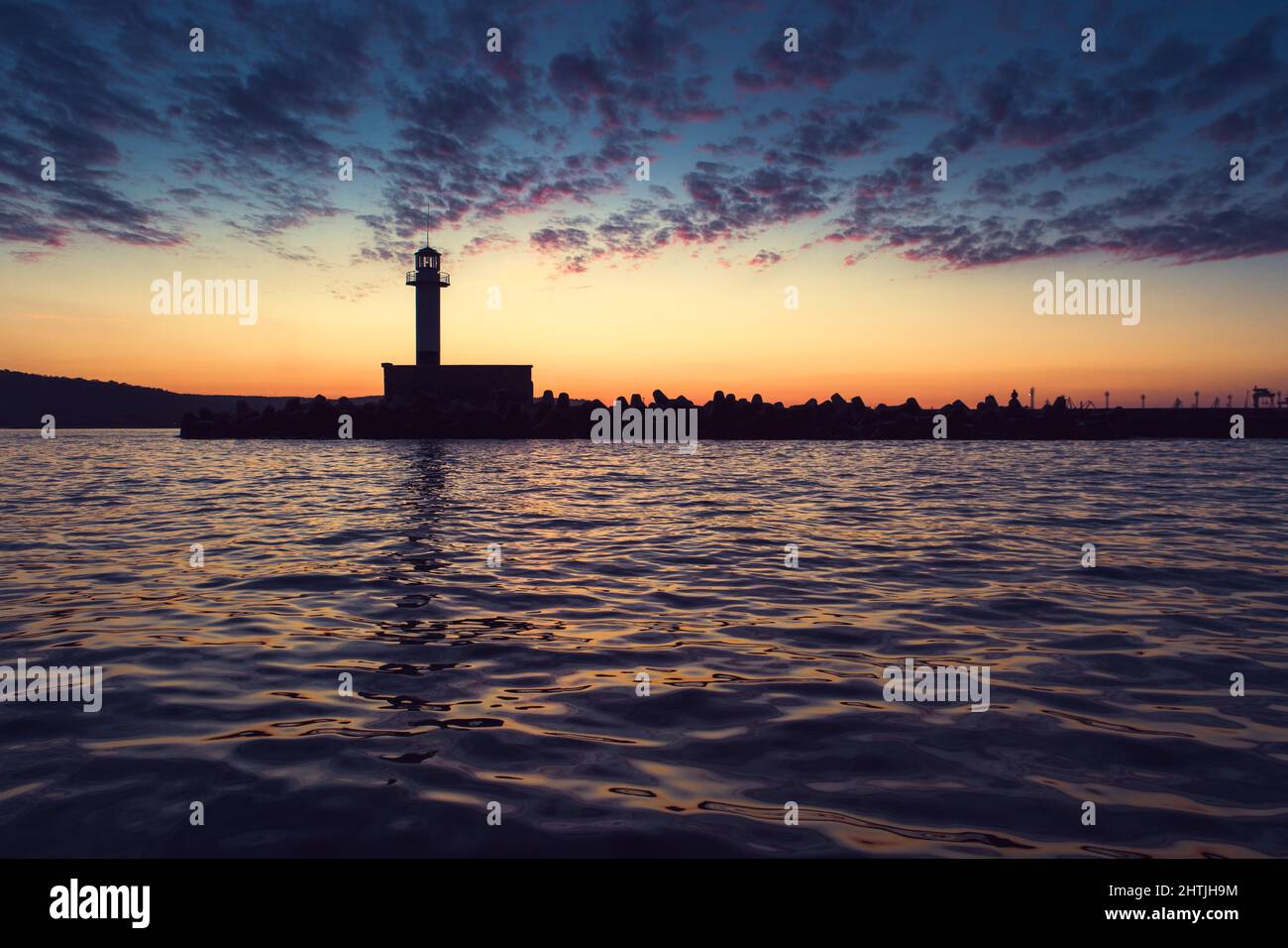 Aerial view of lighthouse at sunset in Varna, Bulgaria. Stock Photo