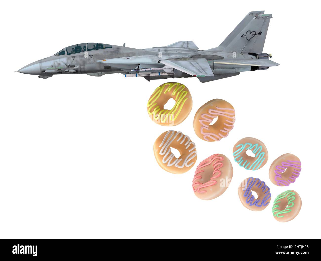 warplane launching donuts instead of bombs, make love not war concepts, 3d illustration Stock Photo