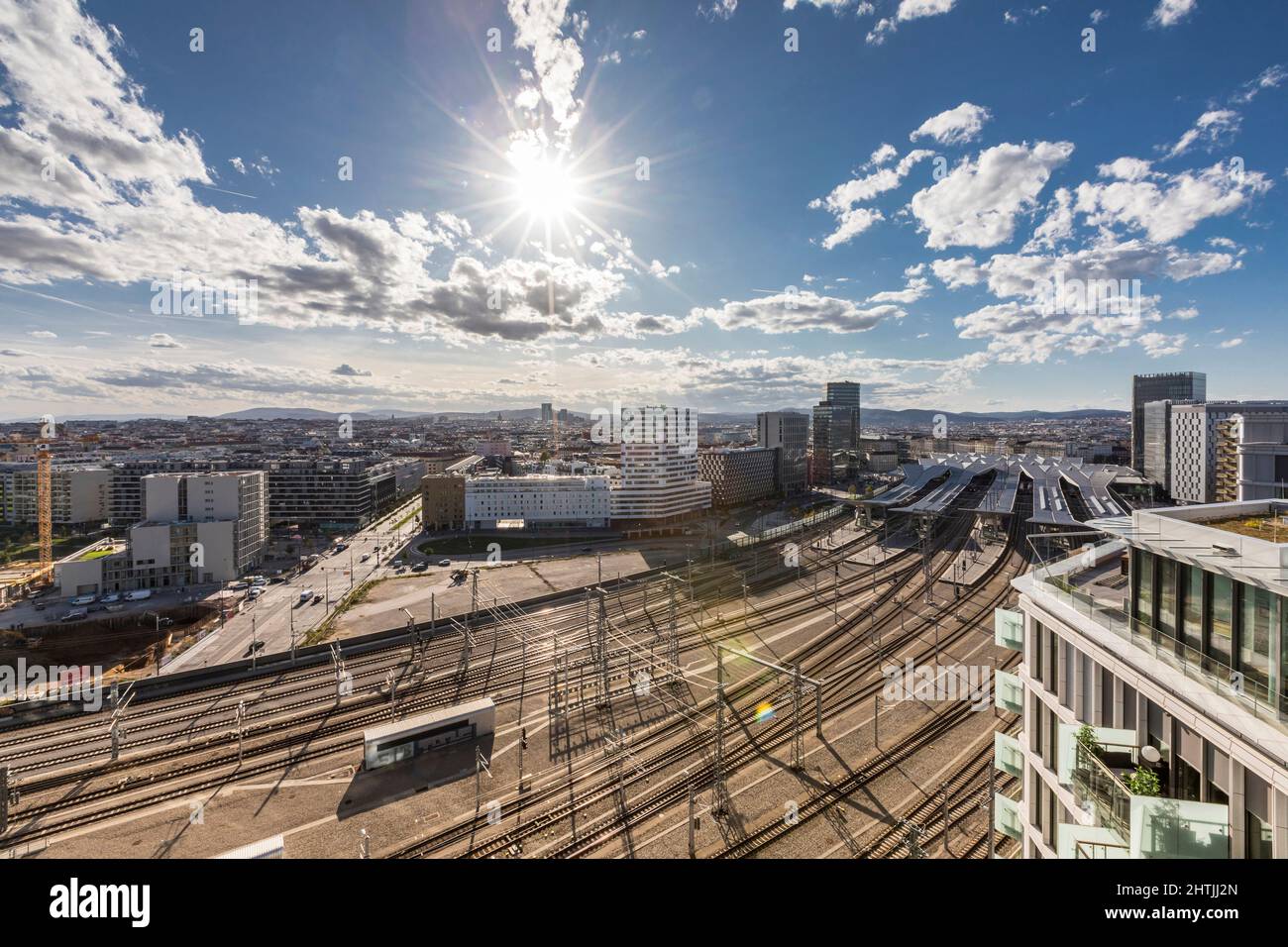Sunny day over the new revitalized 10 district of Vienna and its new main railway station. Stock Photo