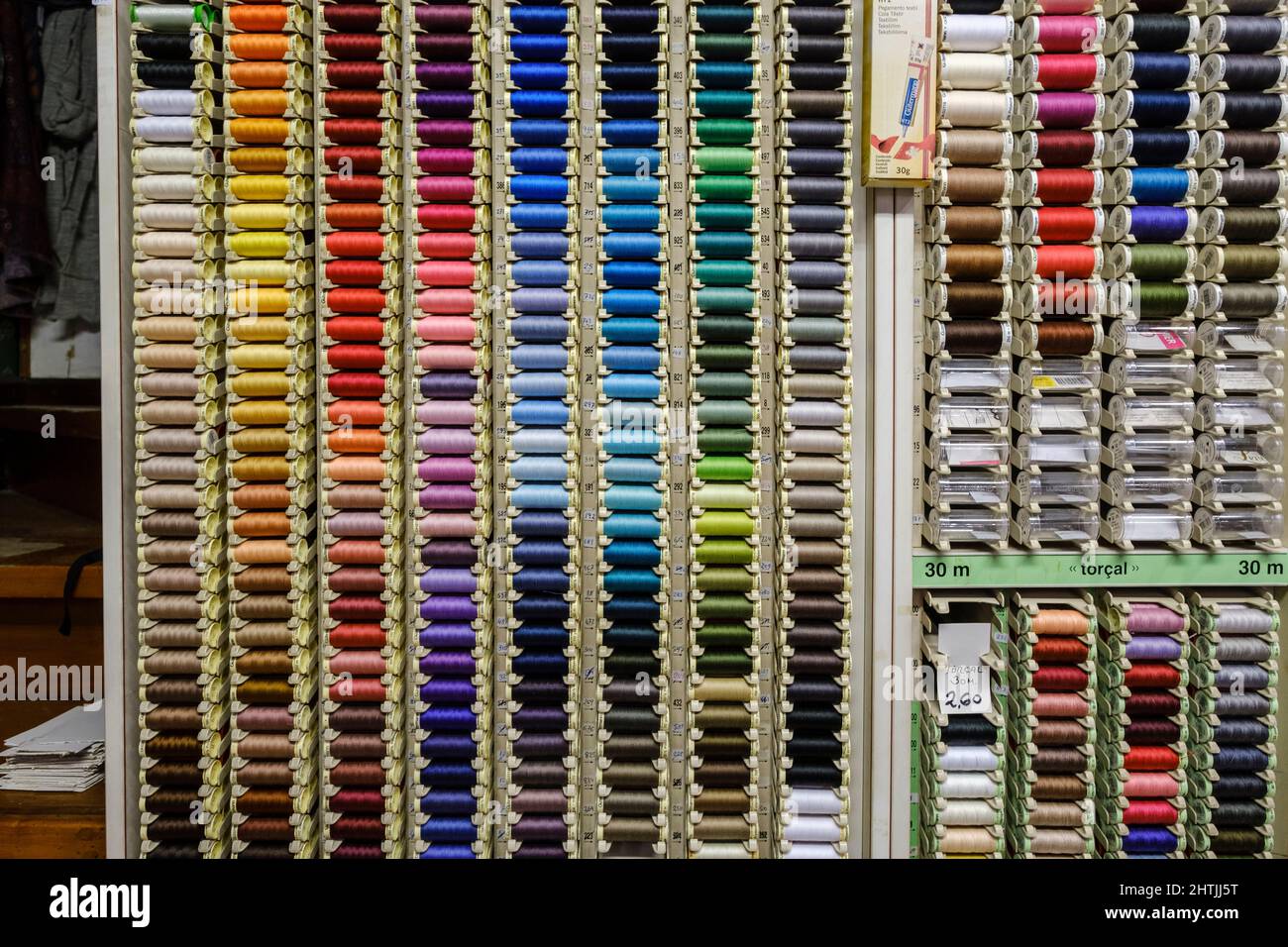 colored sewing threads, Angela haberdashery, founded in 1685, Palma, Mallorca, Balearic Islands, Spain Stock Photo