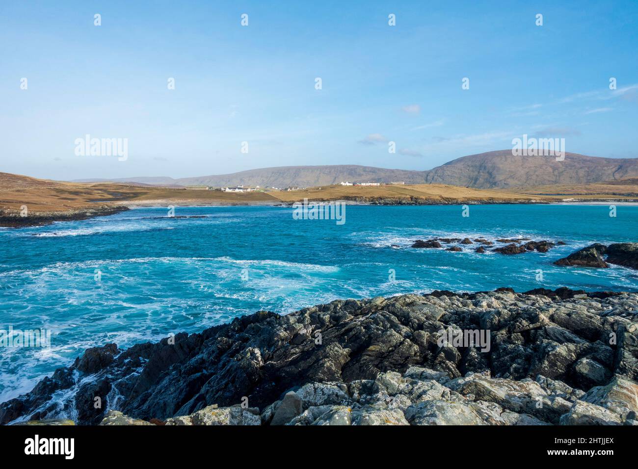 Banna Minneolas Beach and Cliffs on the island of Burra in the Shetland Islands Stock Photo
