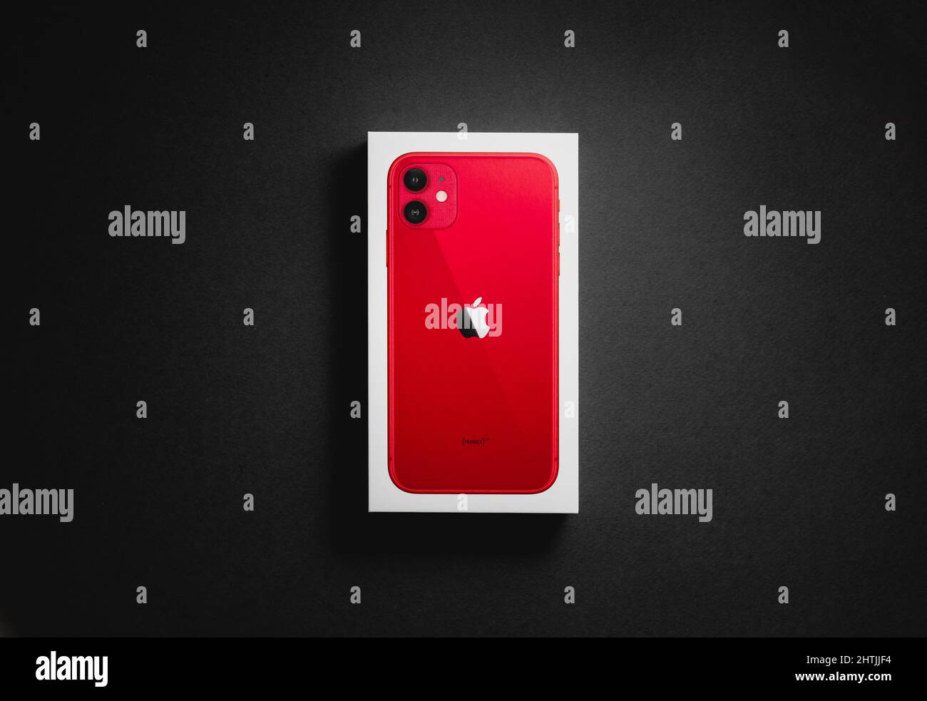 Antalya, Turkey - March 01, 2022: Red iPhone 11 box on dark background Stock Photo