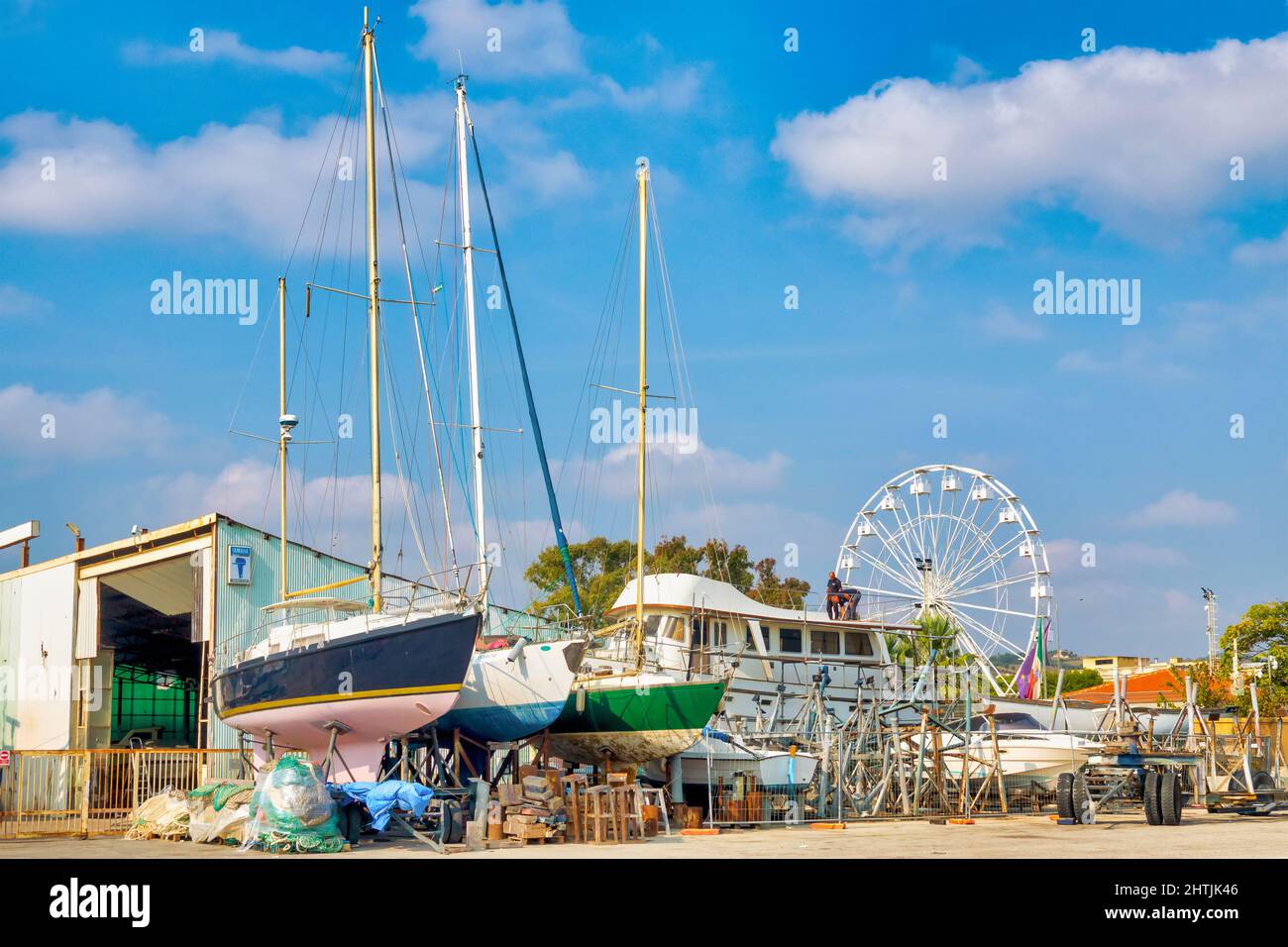 Dry stack boats in the harbour of Giulianova, Italy Stock Photo
