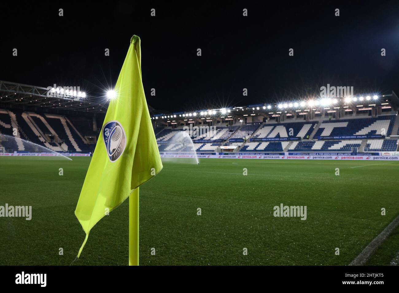 Bergamo, Italy, 28th February 2022. An Atalanta BC branded corner flag is seen in a general view of the stadium during the Serie A match at Gewiss Stadium, Bergamo. Picture credit should read: Jonathan Moscrop / Sportimage Credit: Sportimage/Alamy Live News Stock Photo