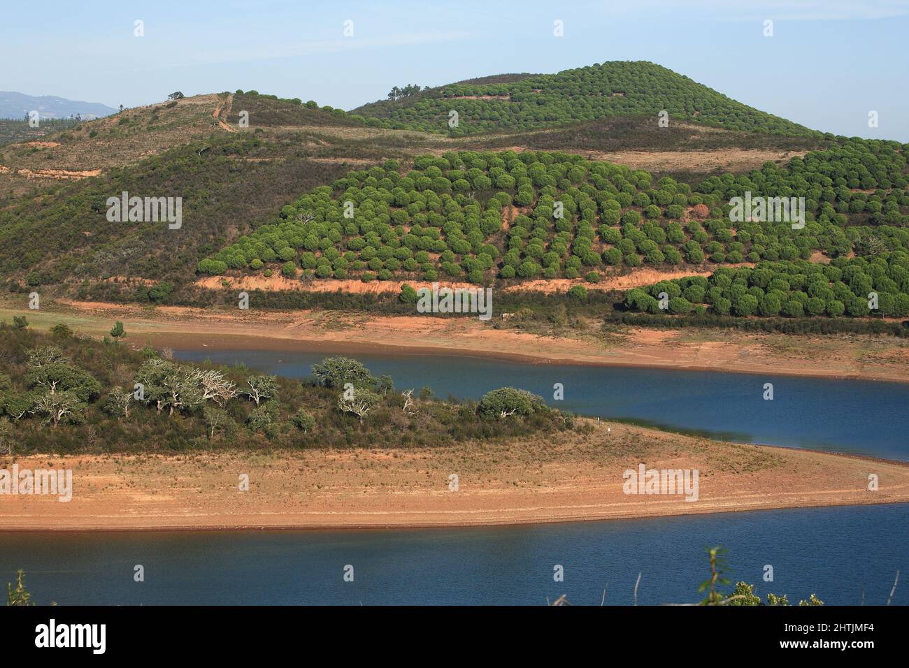 Landschaft am Barragem da Bravura Stausee mit Pinienwald, Algarve, Portugal Stock Photo