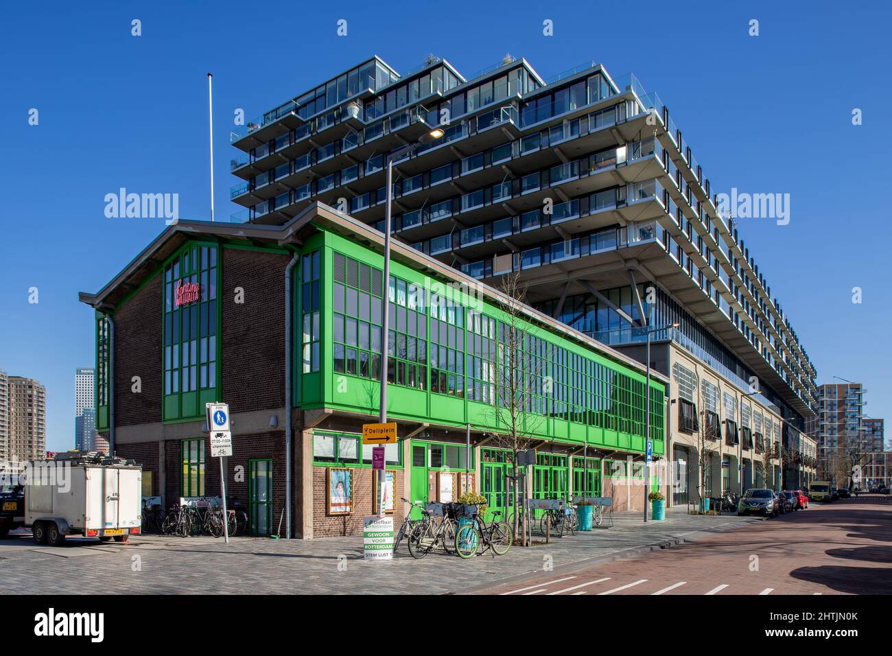 Theatre Kantine Walhalla with Fenix 1 appartment building in Katendrecht, Rotterdam, the Netherlands Stock Photo