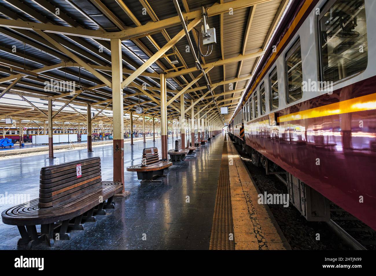 Bangkok Train Station – March 20, 2021: View of station platform during quiet hour. The station is also known as Hua Lamphong Station. Stock Photo