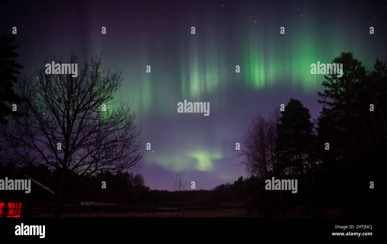 The Northern Lights Aurora Borealis curtains flashes in green and lilac. An aurora is a natural light display in the sky, predominantly seen in the hi Stock Photo