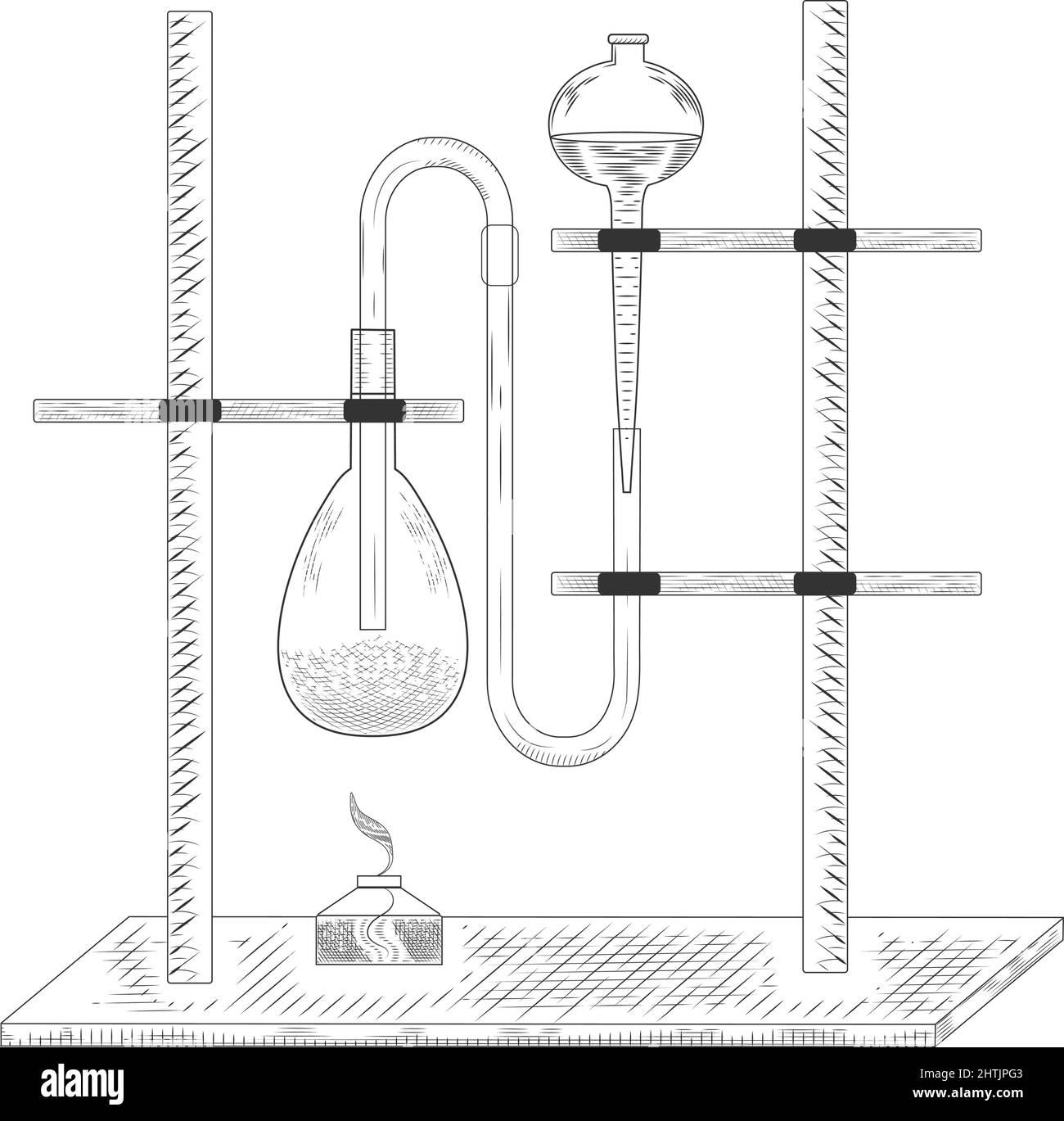 Sketch of a physics or chemical laboratory experiment and equipment. Vector pharmaceutical glass flasks, beakers and test tubes in old engraving style Stock Vector