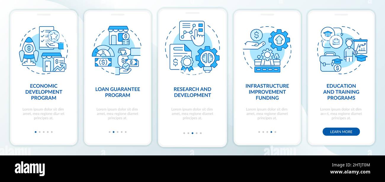 Helping programs for small business blue onboarding mobile app screen Stock Vector