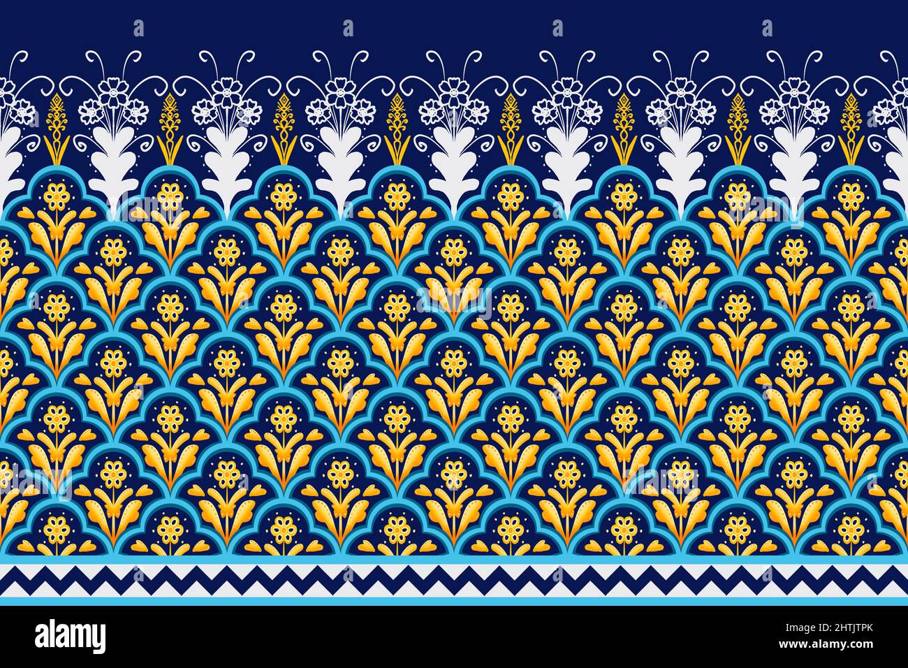 Yellow Flower on Navy Blue, White Geometric ethnic oriental pattern ...