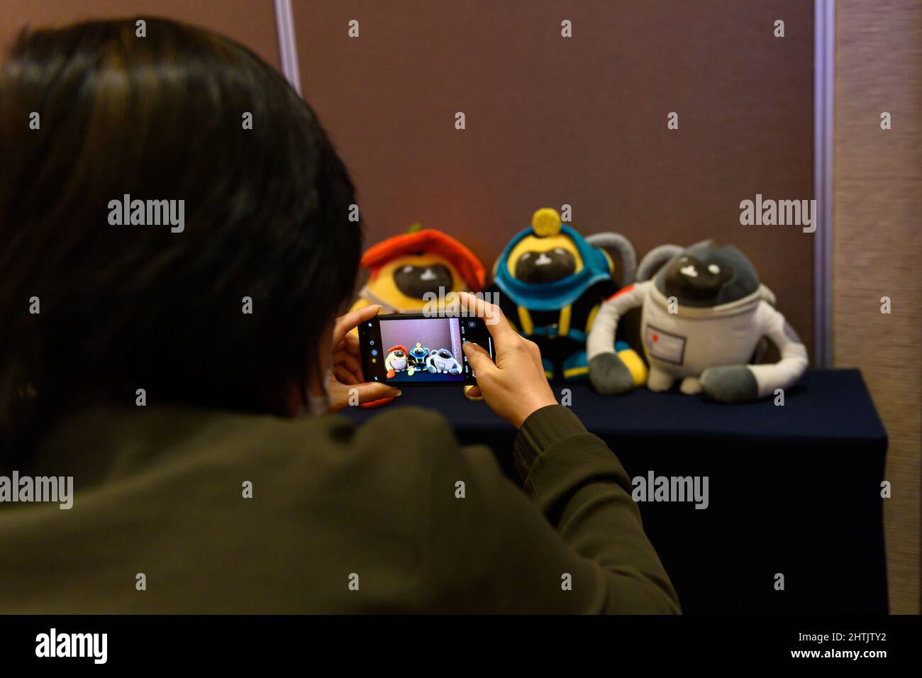 (220301) -- HAIKOU, March 1, 2022 (Xinhua) -- A visitor takes photos of the mascots for the 2022 China International Consumer Products Expo, styled after the Hainan gibbon, in Haikou, south China's Hainan Province, March 1, 2022. Hainan gibbons are the most endangered of all gibbons and the world's rarest primate. They are endemic to the southern Chinese island of Hainan. The mascots reflect the green consumption approach of the expo, according to Ruslan Tulenov, a global media officer at the Hainan Provincial Bureau of International Economic Development. The mascots embody the three dominan Stock Photo