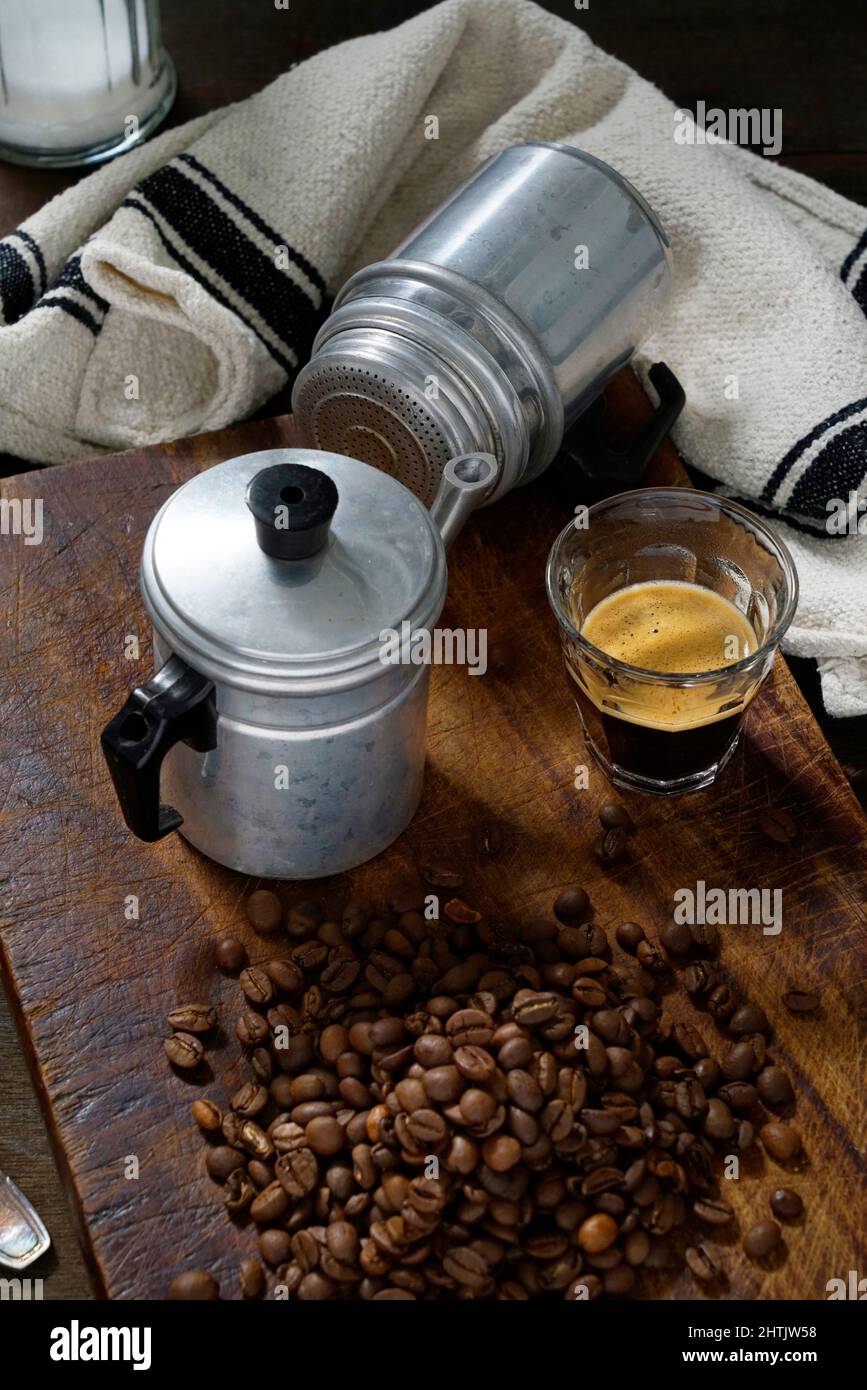 Neapolitan flip coffee pot, in Italian napoletana or caffettiera napoletana,  unlike the Moka, it does not use steam but the coffee is filtered exclusi  Stock Photo - Alamy