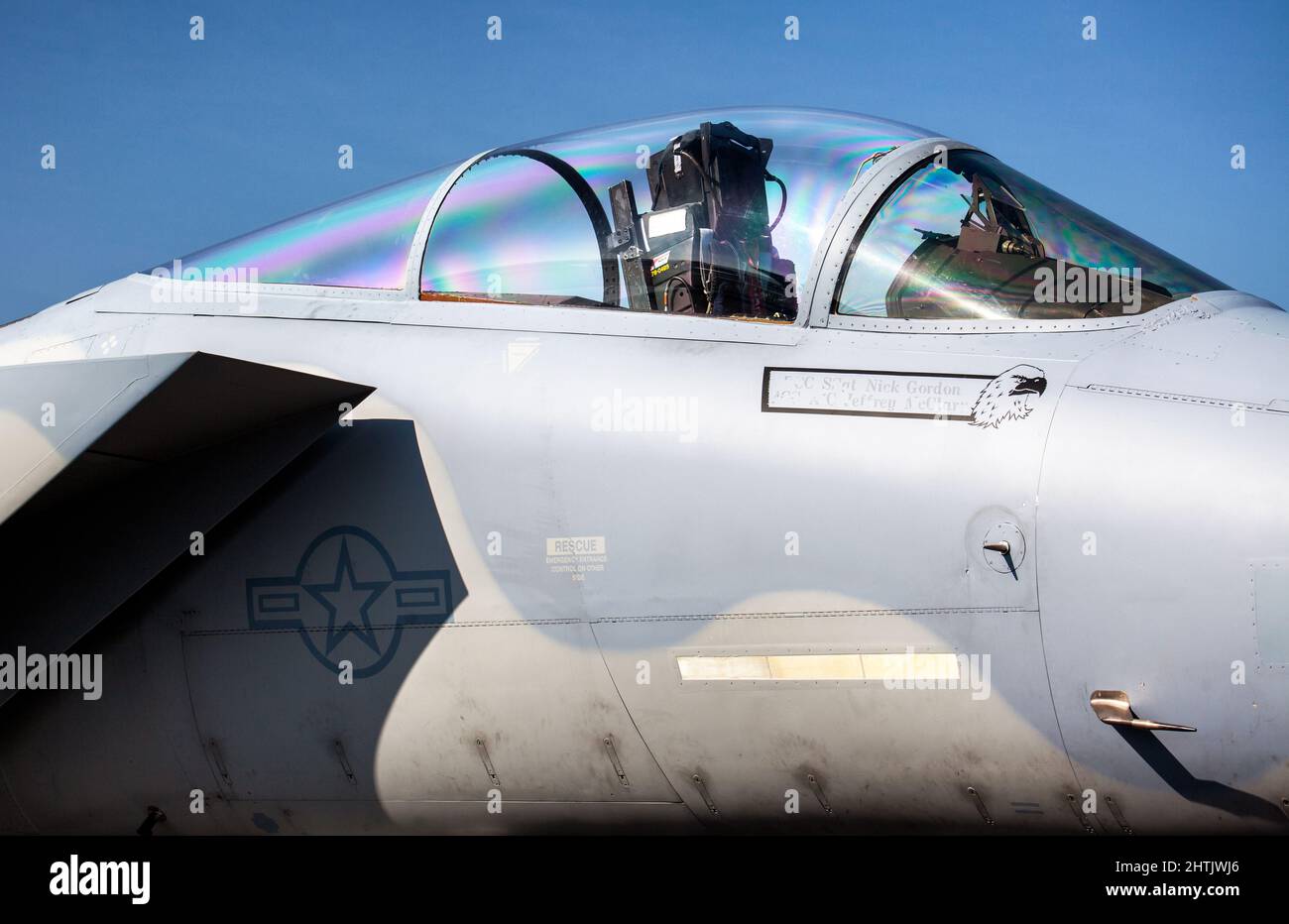 SLIAC, SLOVAKIA - AUGUST 29, 2015: Cockpit of air fighter F-15 Eagle Stock Photo