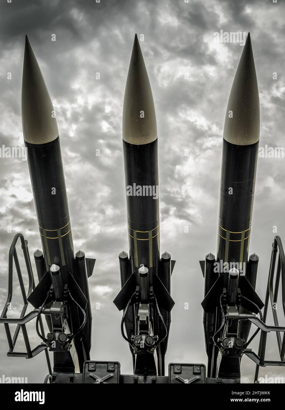 Balistic Rockets. Nuclear Missiles With Warhead Aimed at dramatic Sky. War concept. Stock Photo