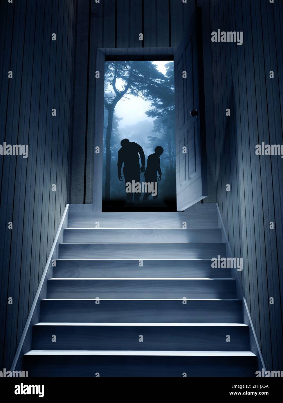 Steps leading from a dark basement to open the door. Two zombies in