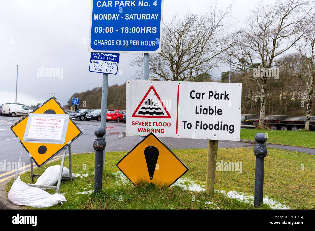 Warning sign, Car park liable to flooding, Donegal Town, County Donegal, Ireland. Stock Photo