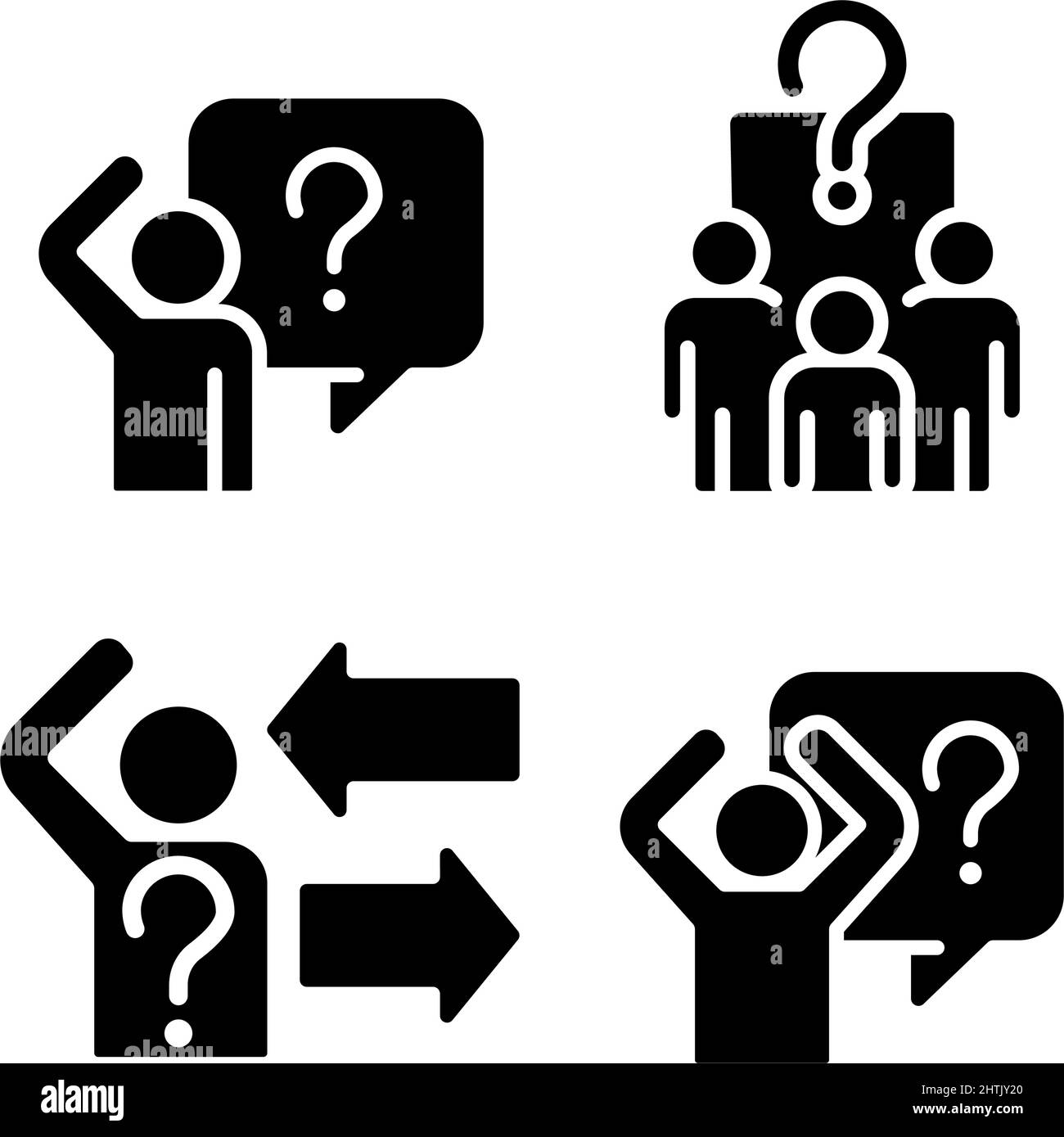 Asking and answering questions black glyph icons set on white space ...