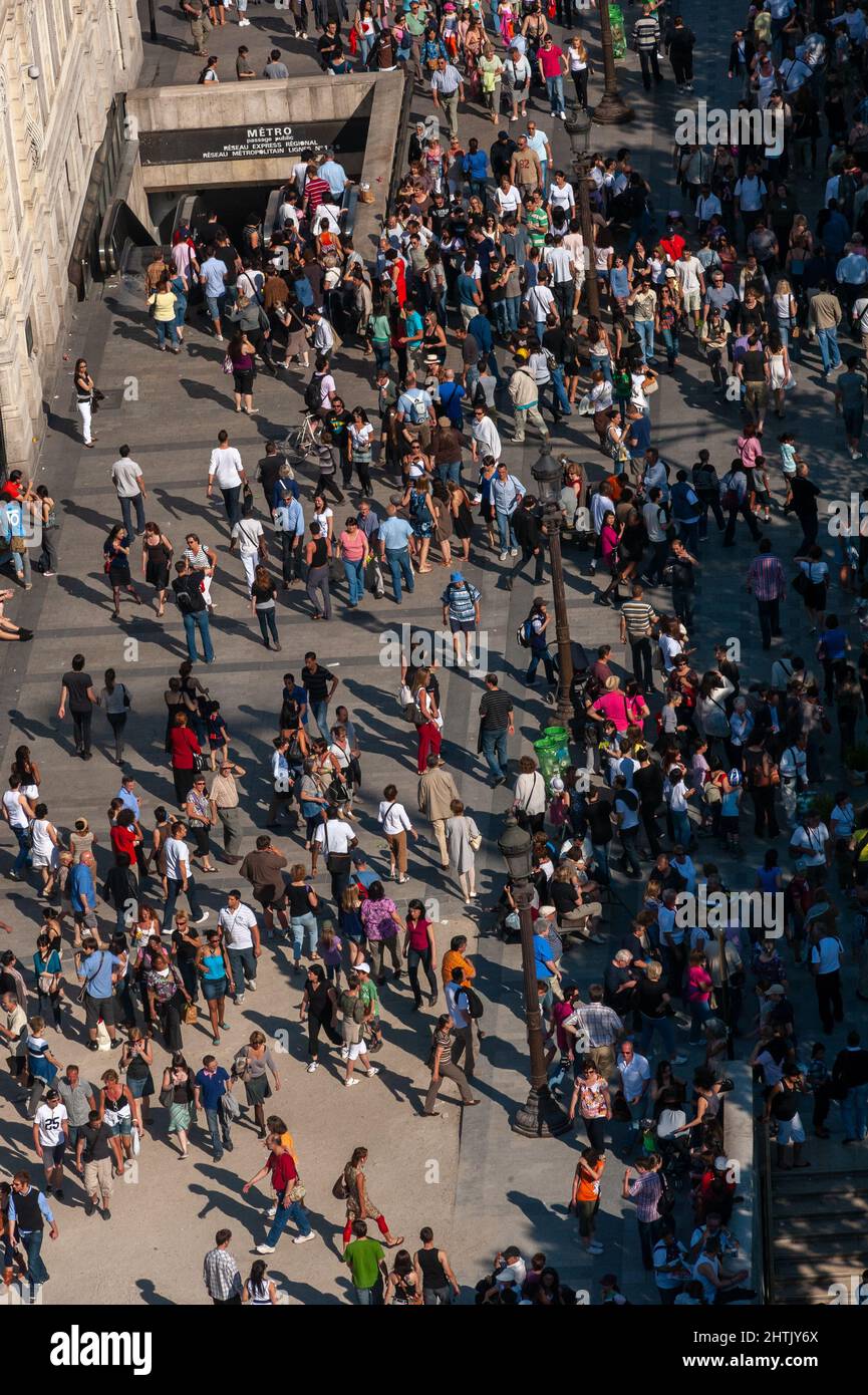 Paris, France, High Angle VIew, Large Crowd of People on Ave. Champs-Elysees, Population Stock Photo