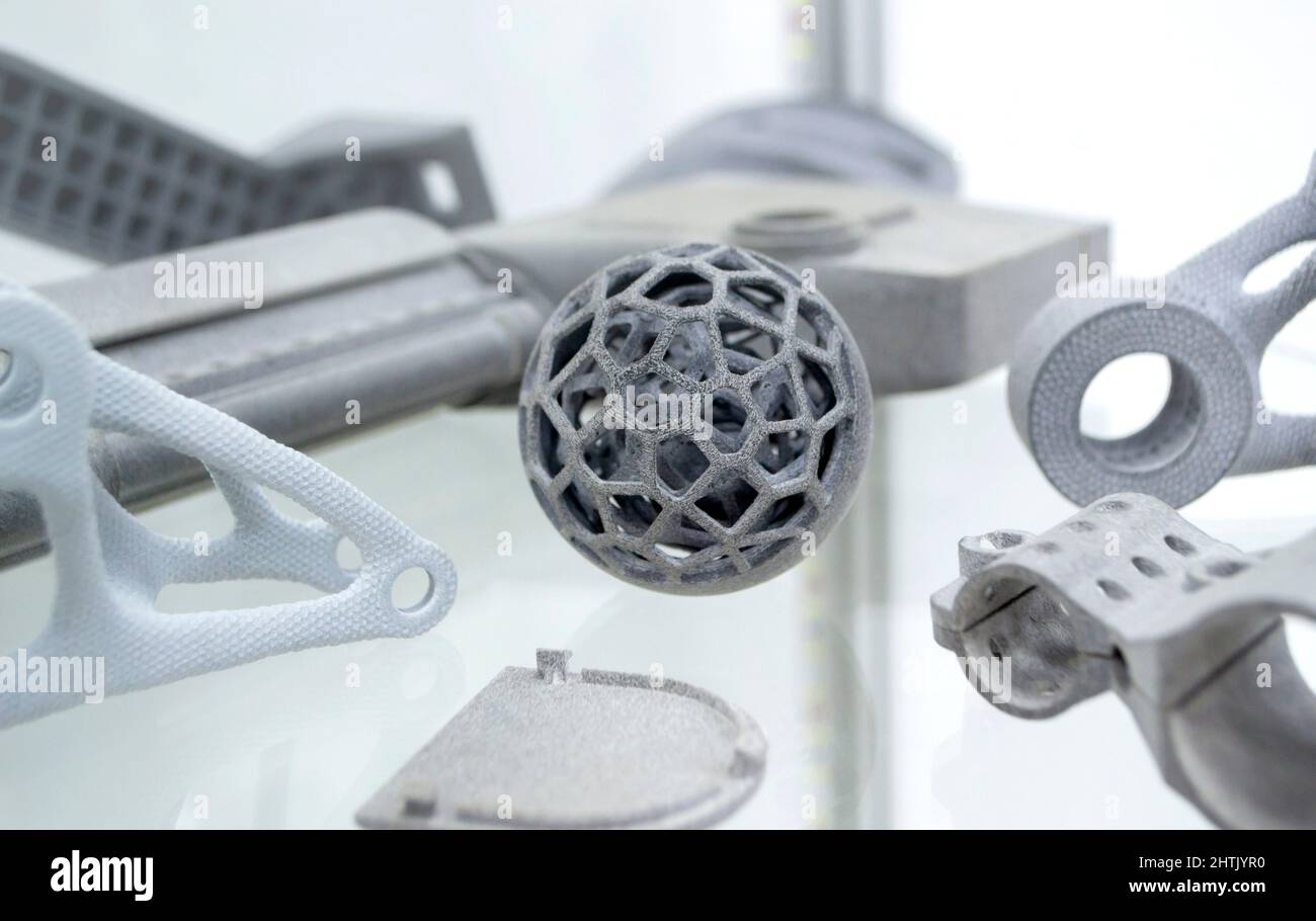 Gray abstract models printed on 3d printer from powder close-up. Stock Photo