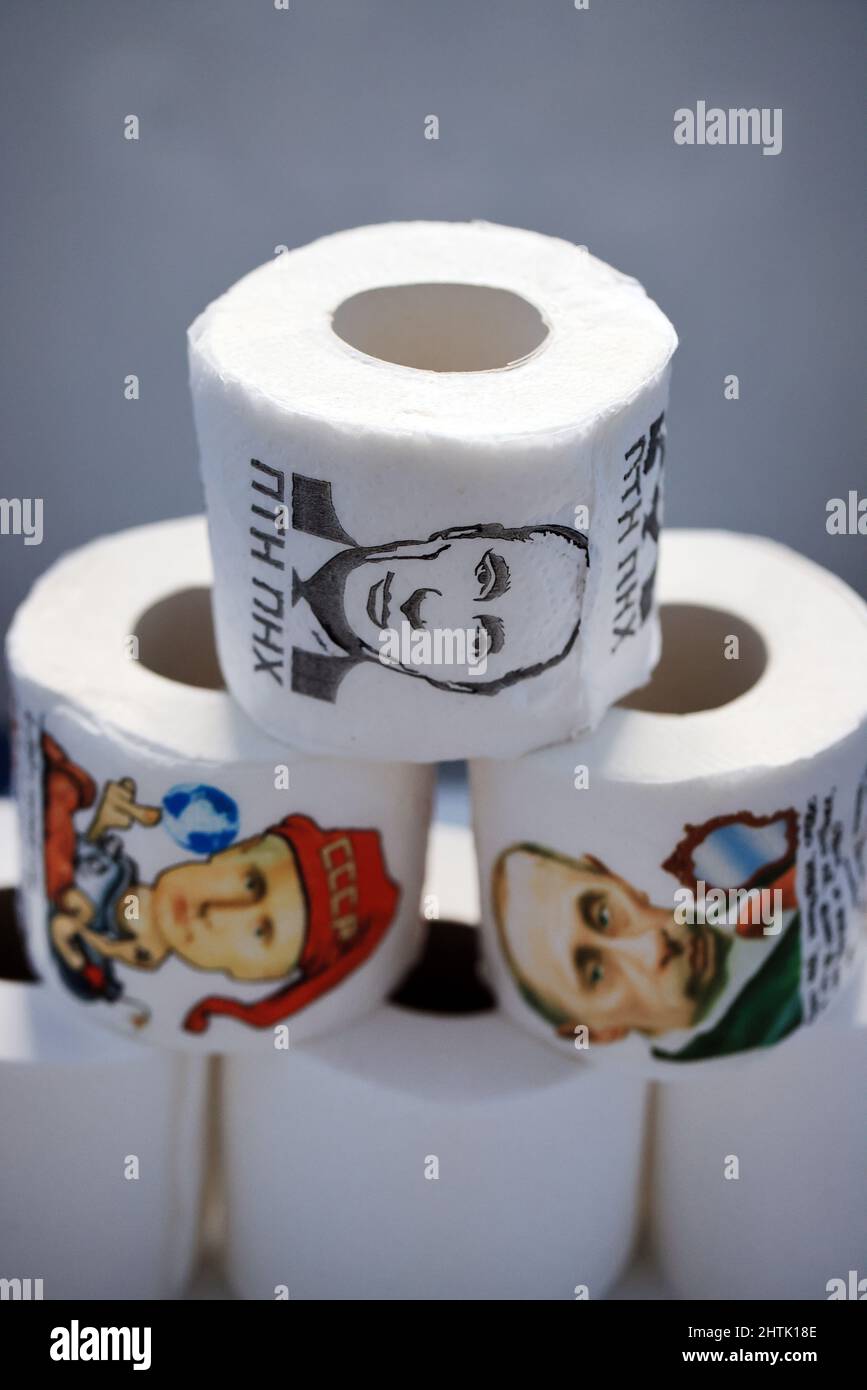 Stock photos of Ukrainian toilet roll that is sold on the markets in Ukraine,  this set from the city of Lviv, showing hate and rude messages for Vladimir  Putin, the president of