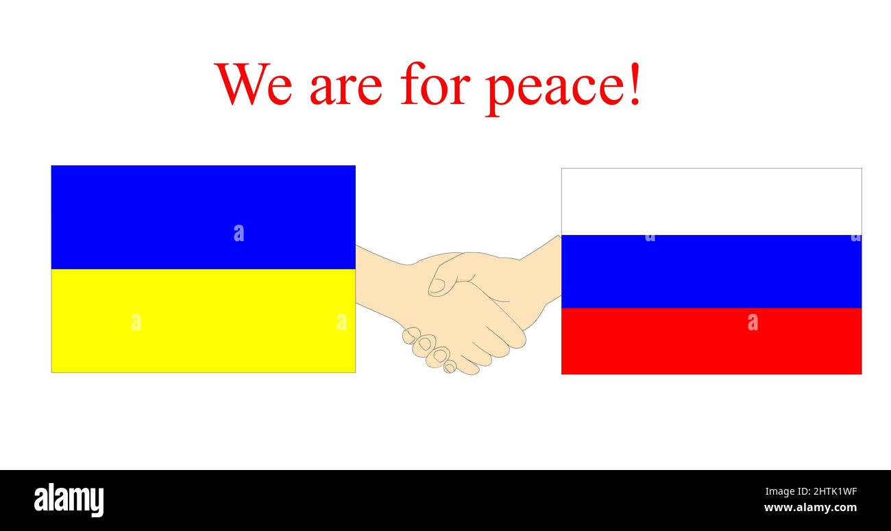 National flags of Russia and Ukraine. A symbol of peace, truce. Handshakes. An agreement between the countries. Conceptual. Friendly relations between countries.  Stock Photo