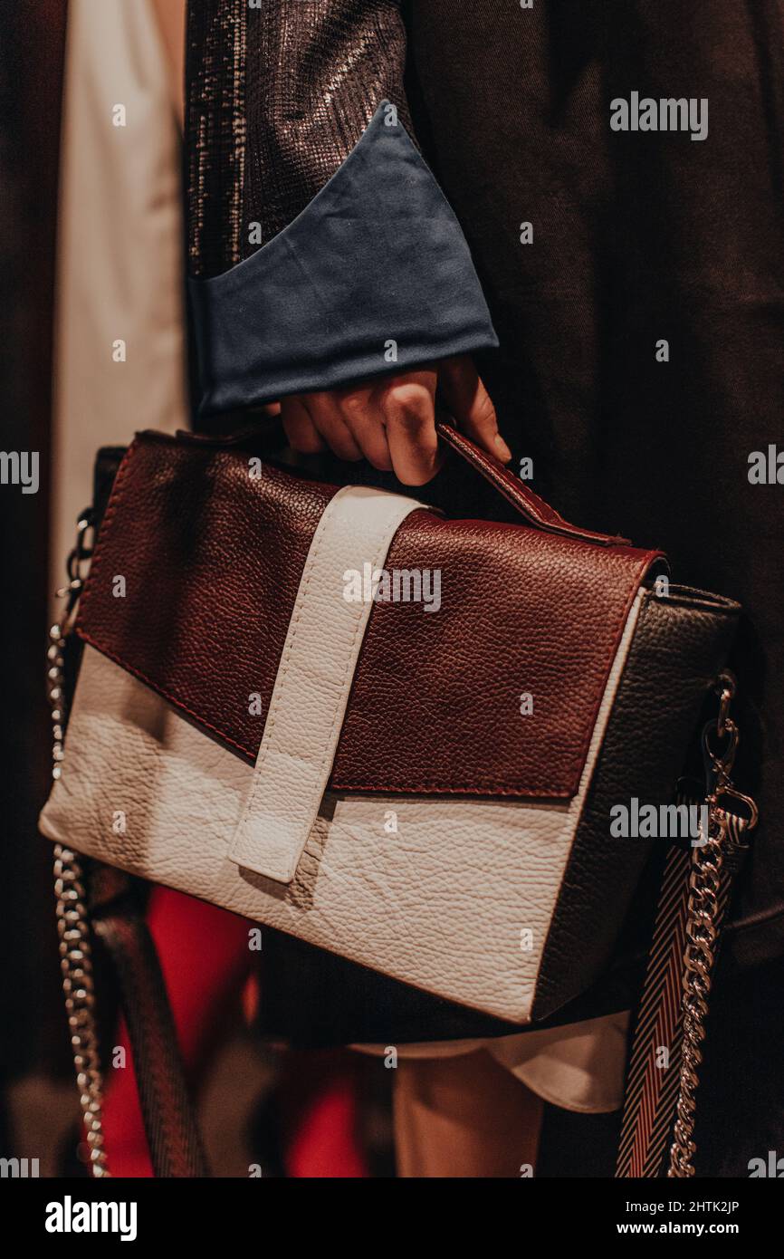 Female hands holding brown leather handbag. Style, design of women's clothing and accessories