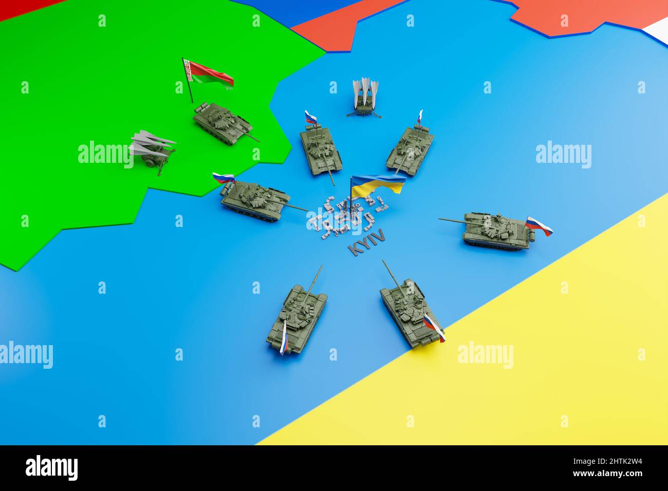Russian military tanks encircling the Ukraine Capital city Kyiv. War in Ukraine, Russia special operation. 3D rendering. Stock Photo