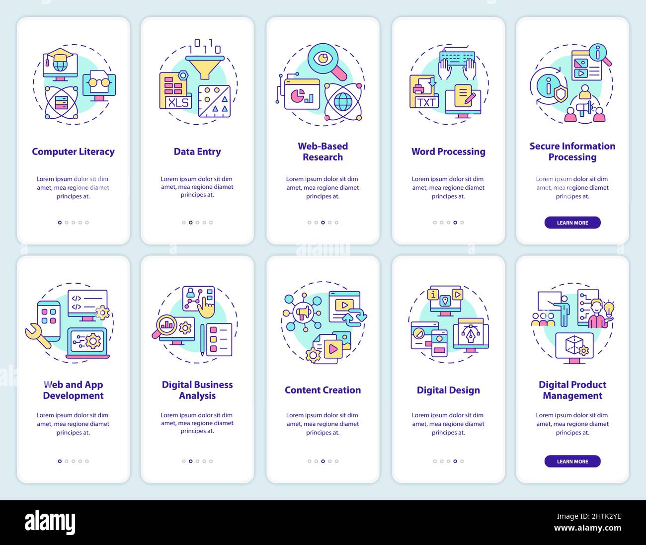 Digital skills and literacy onboarding mobile app screen set Stock ...