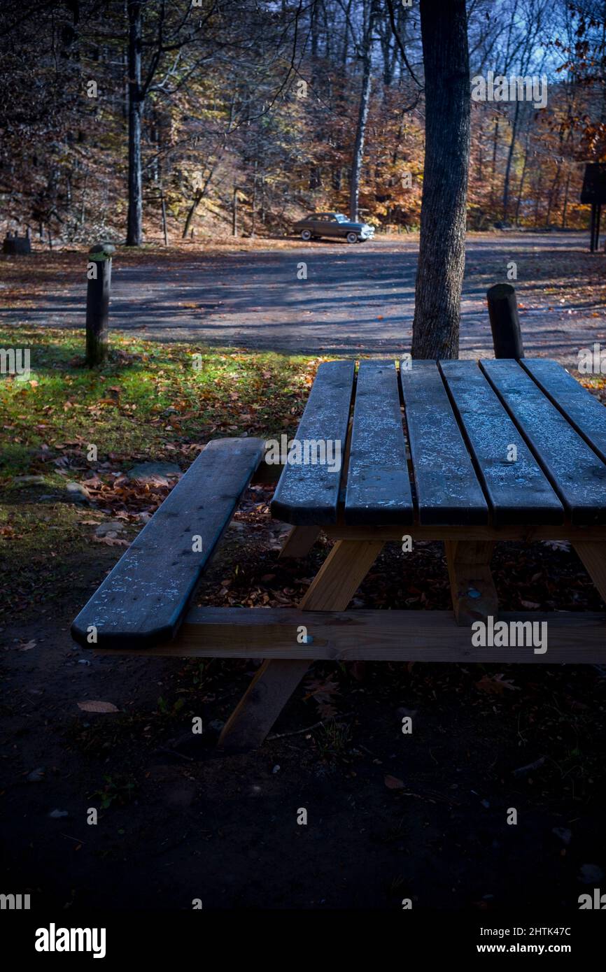 Antique car parked in parking area behind picnic table Stock Photo - Alamy
