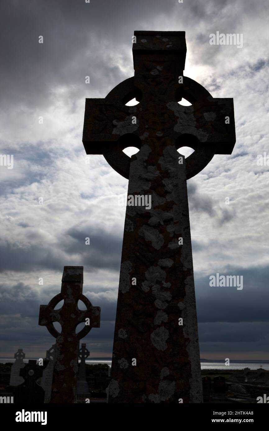 Silhouetted Celtic Crosses, County Clare, Ireland Stock Photo