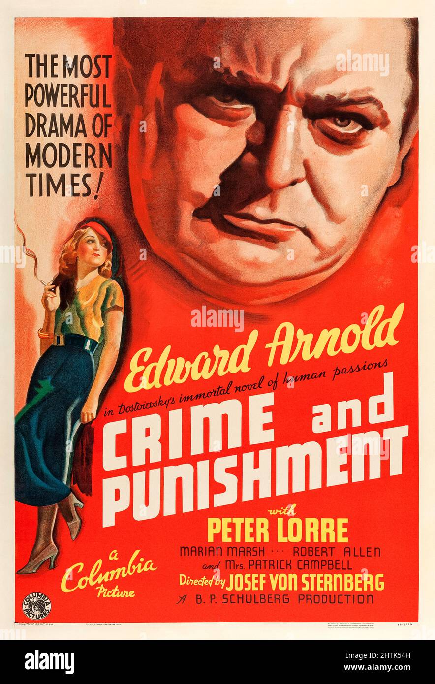 Crime and Punishment (1935) directed by Josef von Sternberg and starring Edward Arnold, Peter Lorre and Marian Marsh. Adaptation of Dostoevsky's novel about a man is haunted by a murder he's committed. Photograph of an original fully restored and linen backed 1935 US one sheet poster. Credit: BFA / Columbia Pictures; Stock Photo
