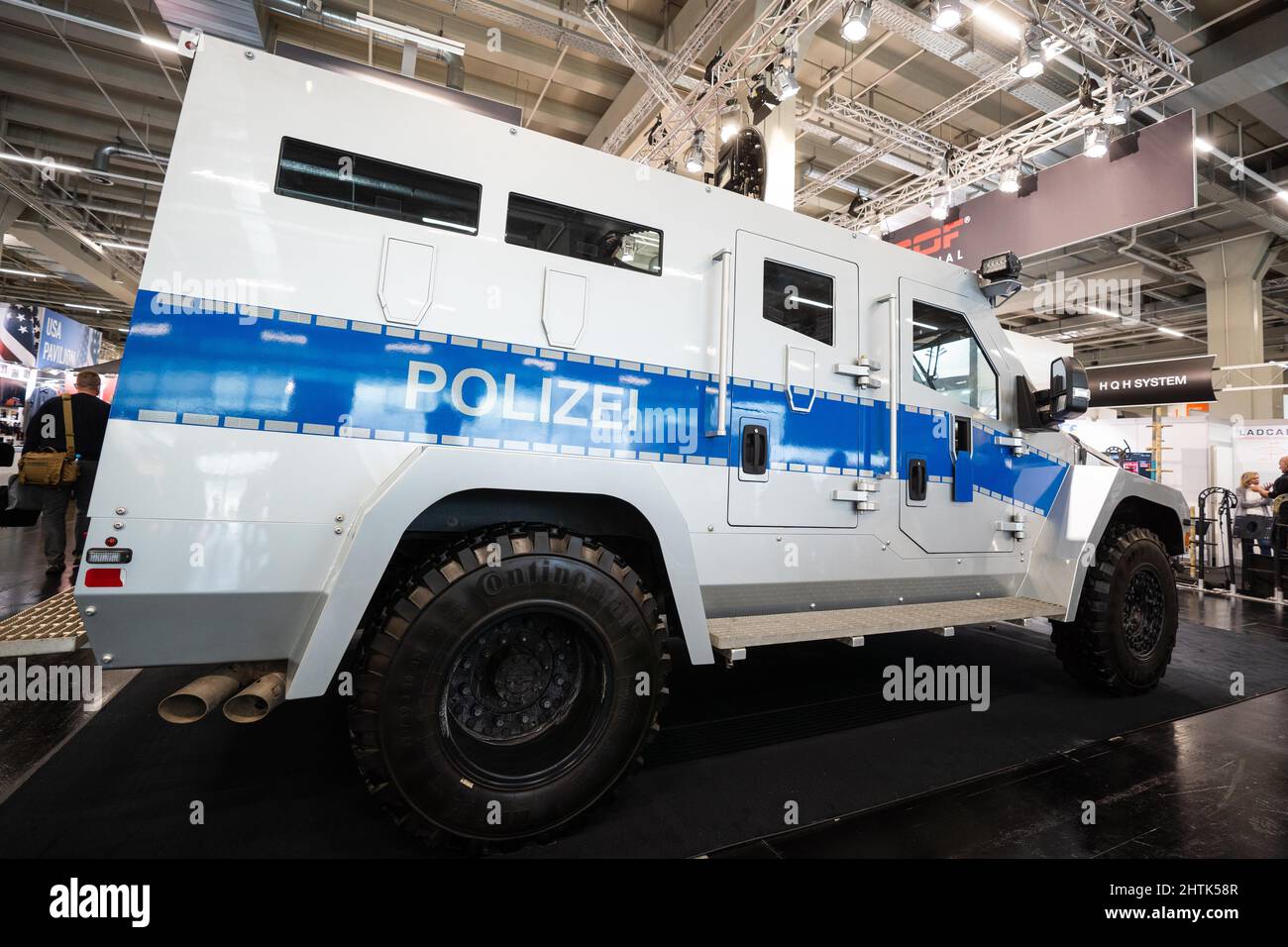 Nuremberg, Germany. 01st Mar, 2022. The armored vehicle of the type 'ATT (Armored Tactical Truck)' of the company 'STOOF' is exhibited at the fair 'Enforce Tac'. The ATT is based on a Ford F-550 4x4, can transport up to 10 forces and is an alternative for urban situations due to its higher speed and small size. The 'Enforce Tac' trade show for security technology, with more than 300 exhibitors, will take place on March 1 and 2. Credit: Nicolas Armer/dpa/Alamy Live News Stock Photo