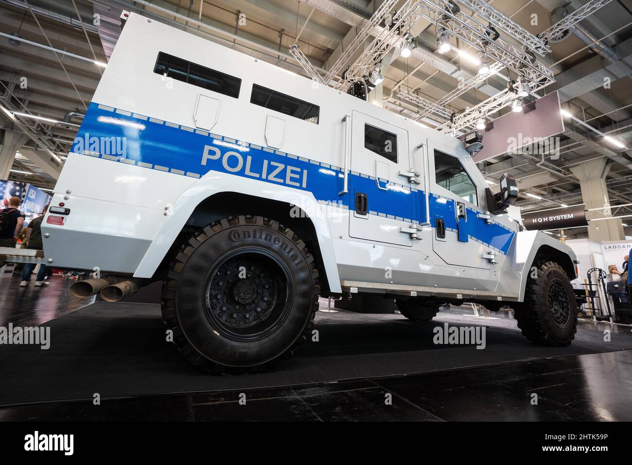 Nuremberg, Germany. 01st Mar, 2022. The armored vehicle of the type 'ATT (Armored Tactical Truck)' of the company 'STOOF' is exhibited at the fair 'Enforce Tac'. The ATT is based on a Ford F-550 4x4, can transport up to 10 forces and is an alternative for urban situations due to its higher speed and small size. The 'Enforce Tac' trade show for security technology, with more than 300 exhibitors, will take place on March 1 and 2. Credit: Nicolas Armer/dpa/Alamy Live News Stock Photo