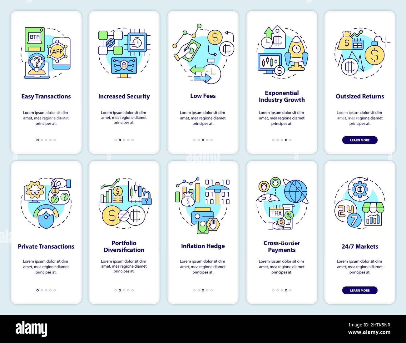 Cryptocurrency adoption onboarding mobile app screen set Stock Vector ...