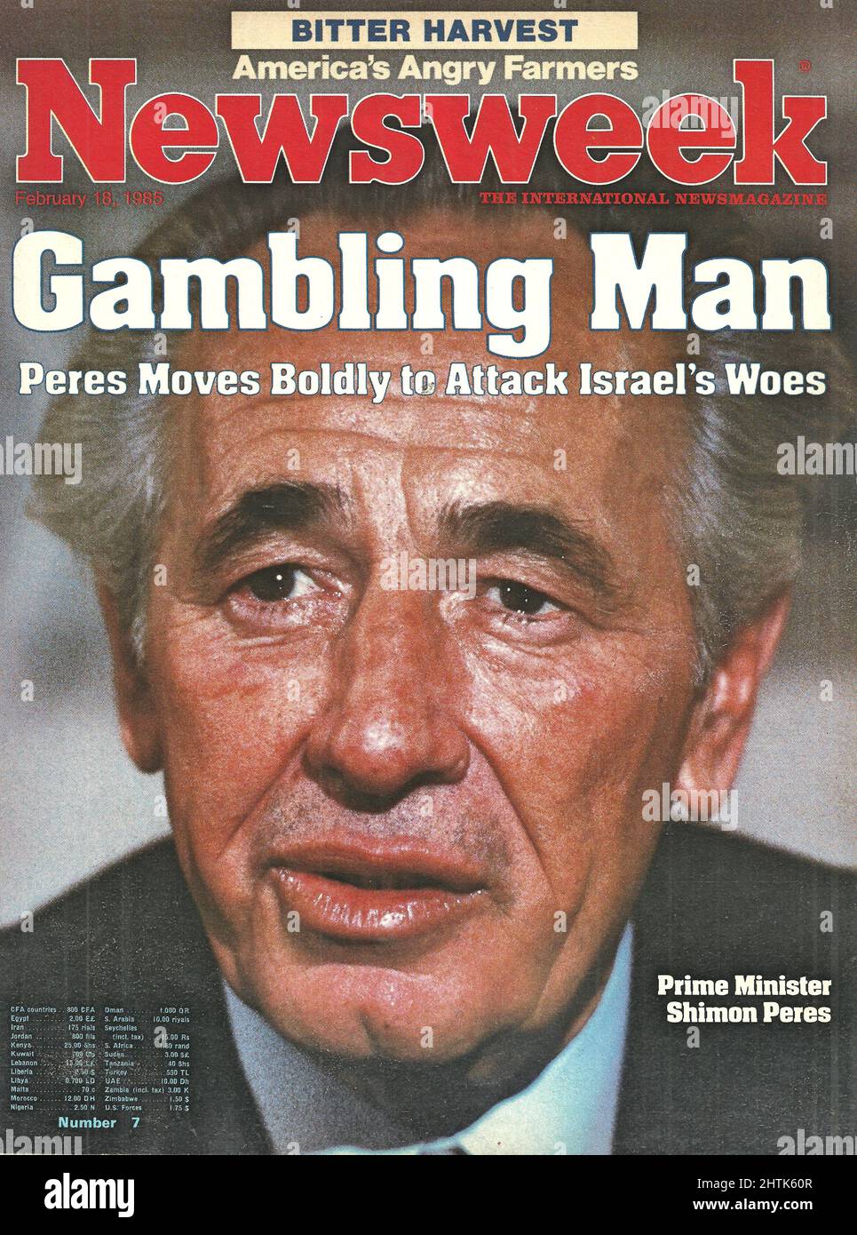 Newsweek cover February 18 1985 America's angry farmers Gambling man Prime Minister Shimon Peres Moves boldly to attack Israel's Woes Stock Photo