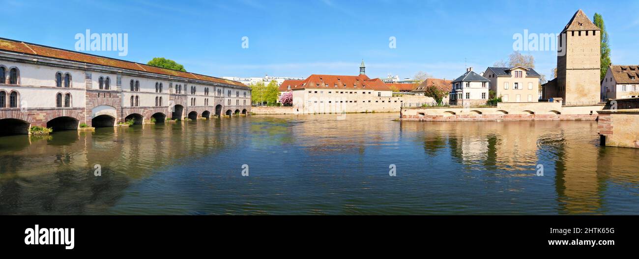 The Vauban dam on the Ill river, and the ENA building in Strasbourg. Stock Photo