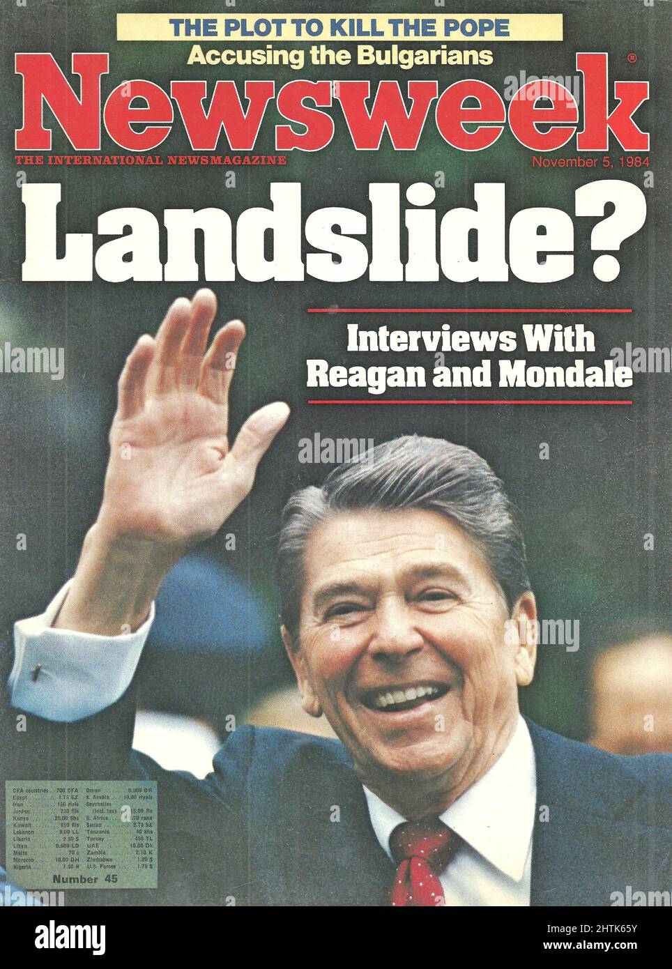 Newsweek cover November 5 1984 Interviews with Reagan and Mondale The plot to kill the pope Accusing the Bulgarians Stock Photo