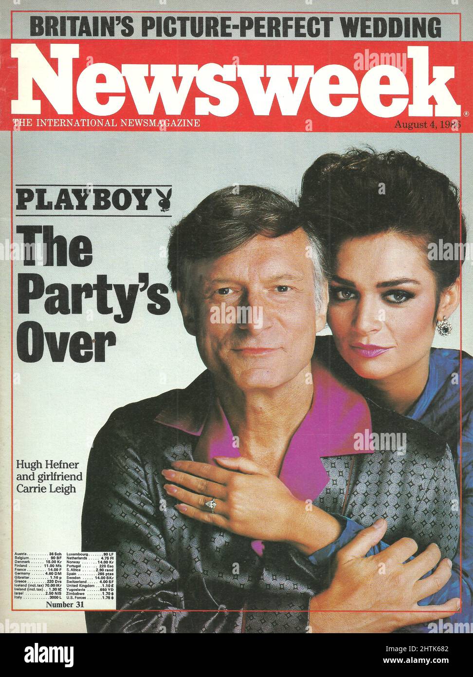 Newsweek cover August 4 1986 Playboy Huhg Hefner and girlfriend Carrie Leigh; Britain's Picture-Perfect wedding Stock Photo