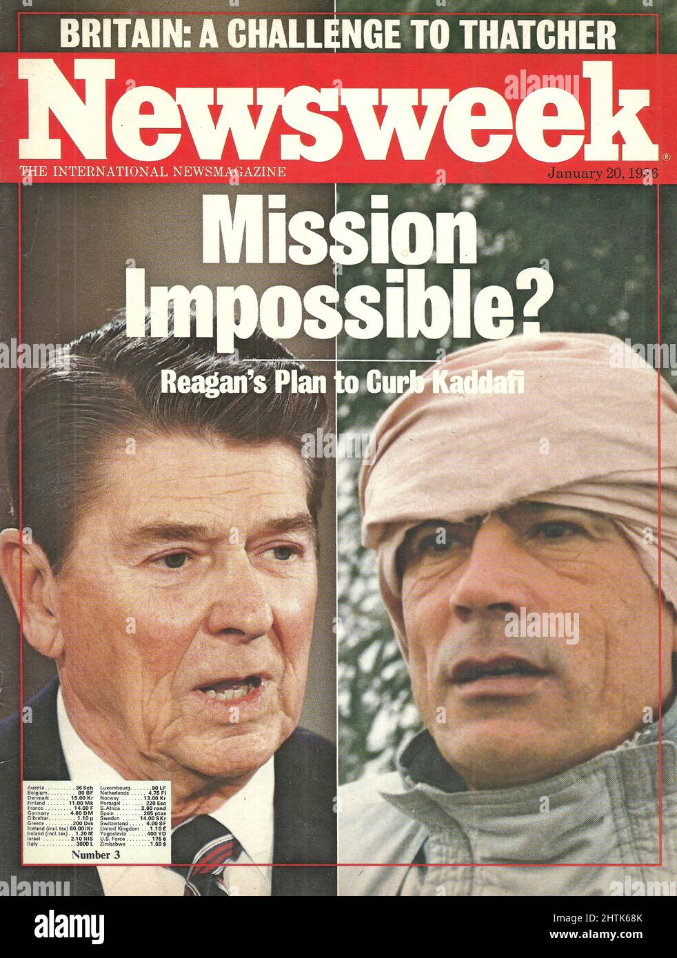 Newsweek cover January 20 1986 Reagan's Plan to Curb Kaddafi Britain: a challenge to Thatcher Stock Photo