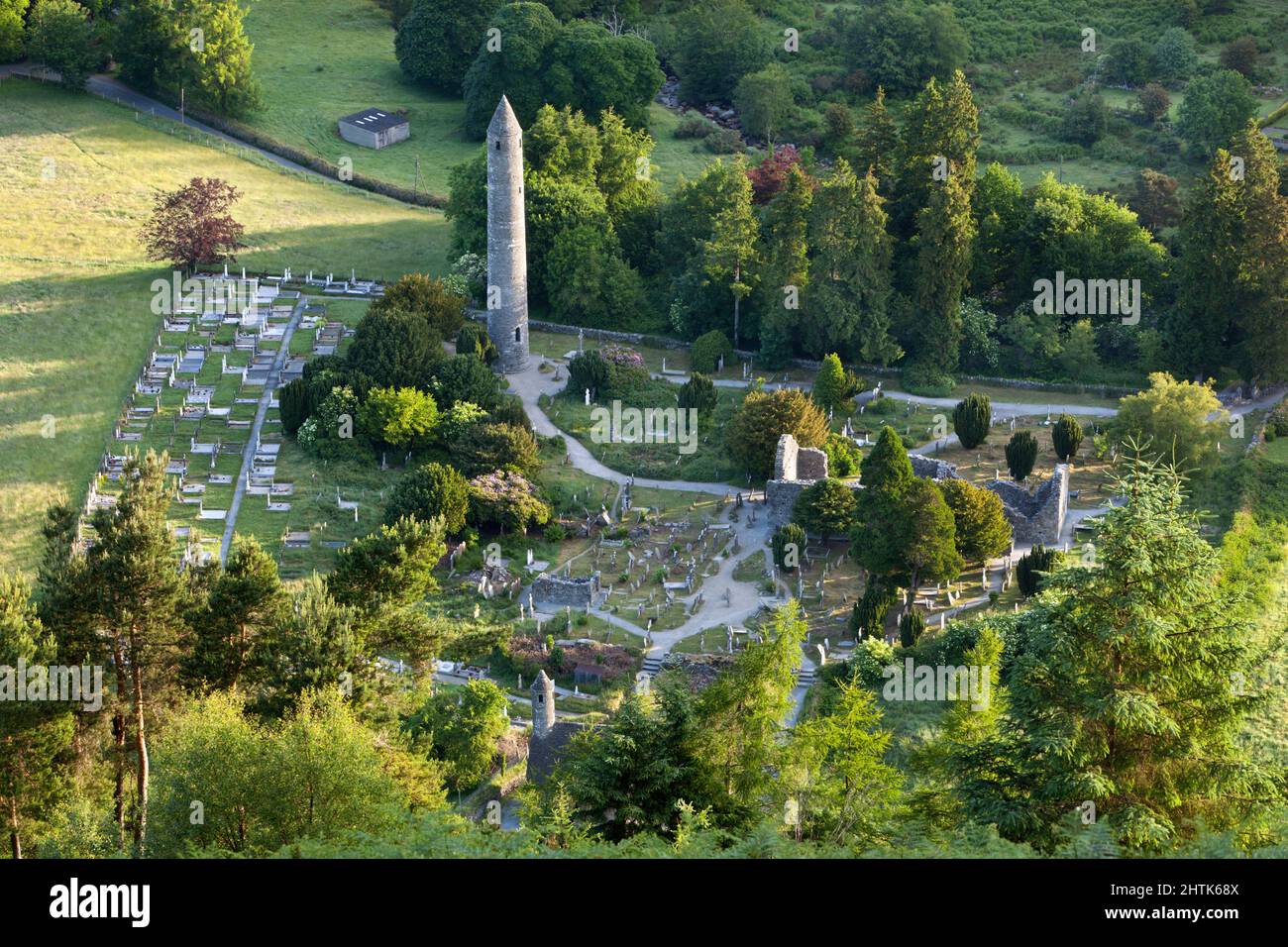 View over monastic site founded in 6th century by St Kevin, Glendalough, County Wicklow, Ireland Stock Photo