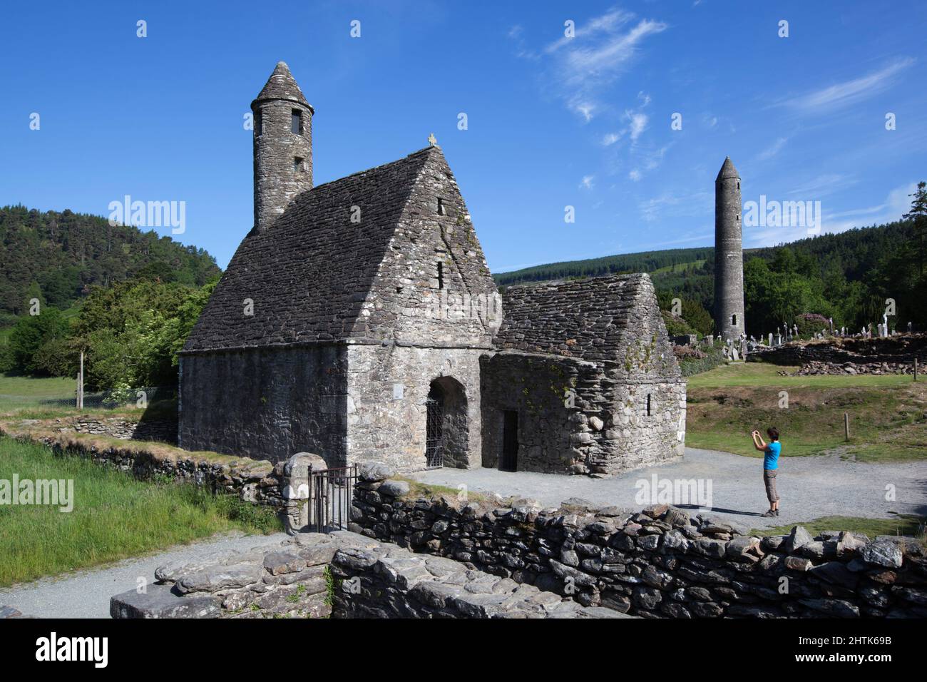 Saint Kevin's Church and Round Tower, Glendalough, County Wicklow, Ireland Stock Photo