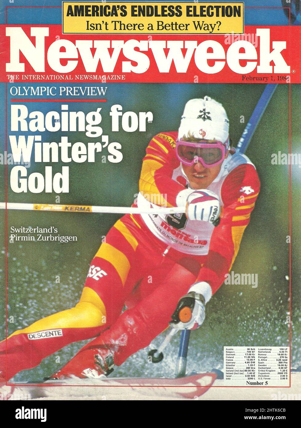 Newsweek cover February 1 1988 Amreica's endless election Olympic preview Racing for winter's gold Switzerland Pirmin Zurbriggen Stock Photo