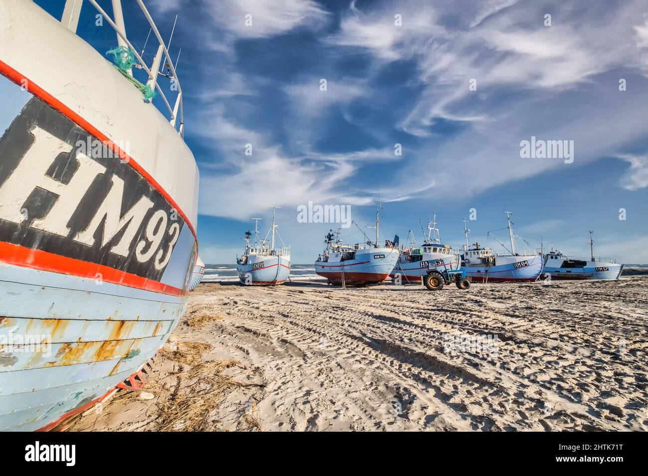 Thorup strand cutters fishing vessels for traditional fishery at the North Sea coast in Denmark Stock Photo
