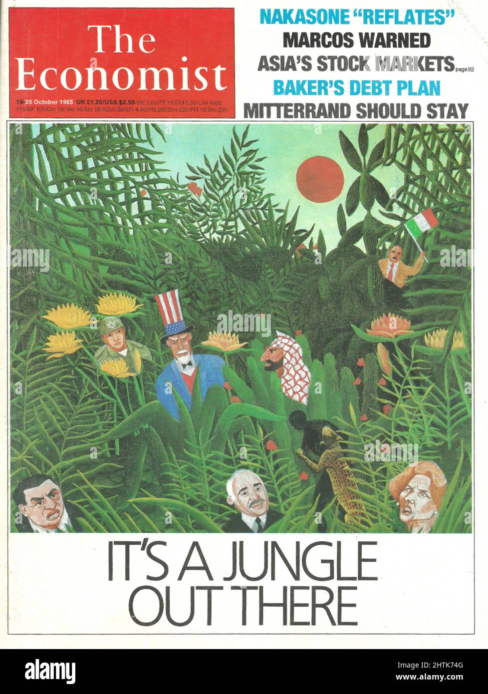 Front Cover of The Economist Front page of the Economist October 1985 Jungle out there Nakasone reflates Marcos warned Mitterand should stay Stock Photo
