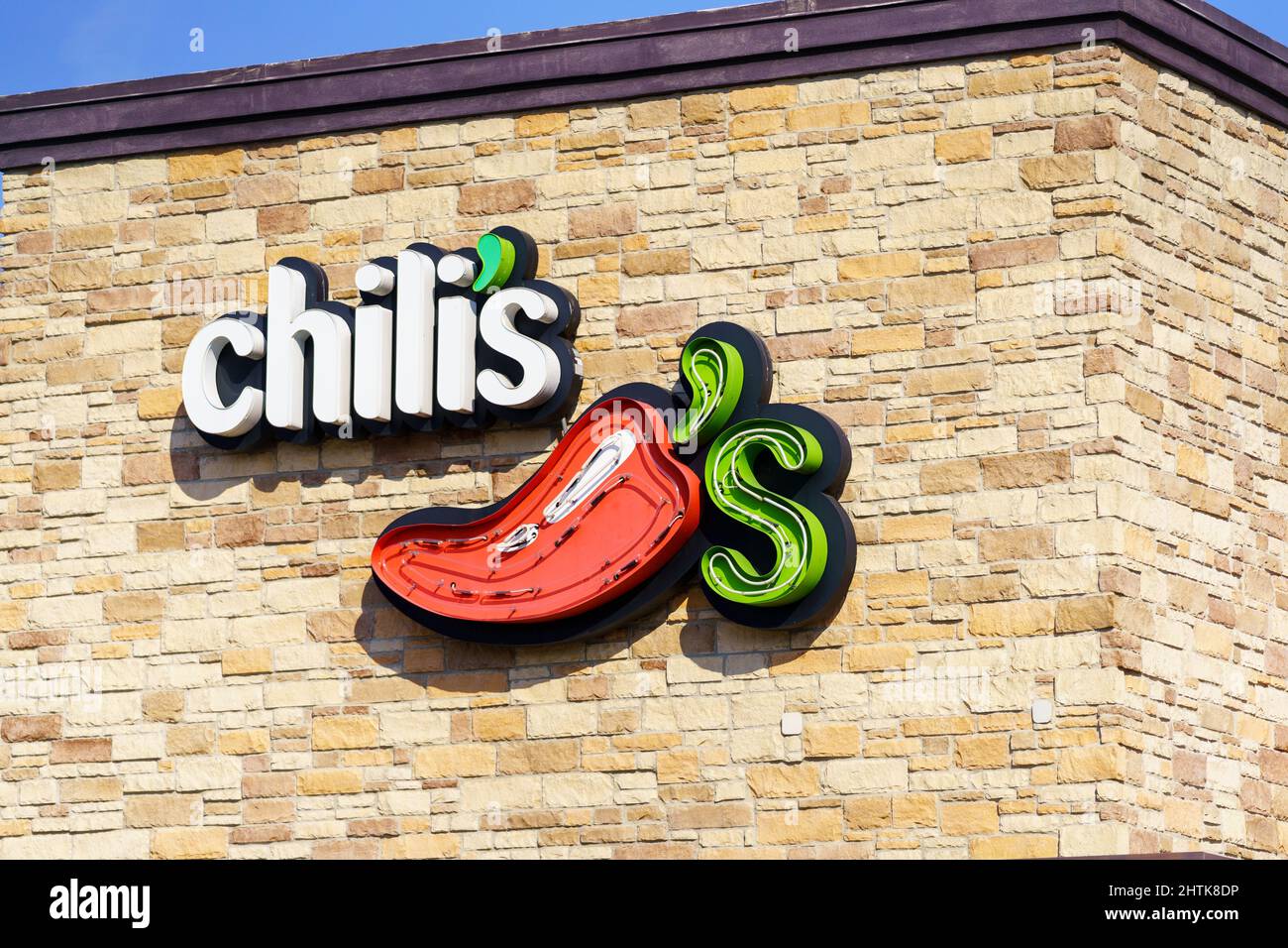 York, PA, USA February 16, 2022 Chili's bar and grill logo sign